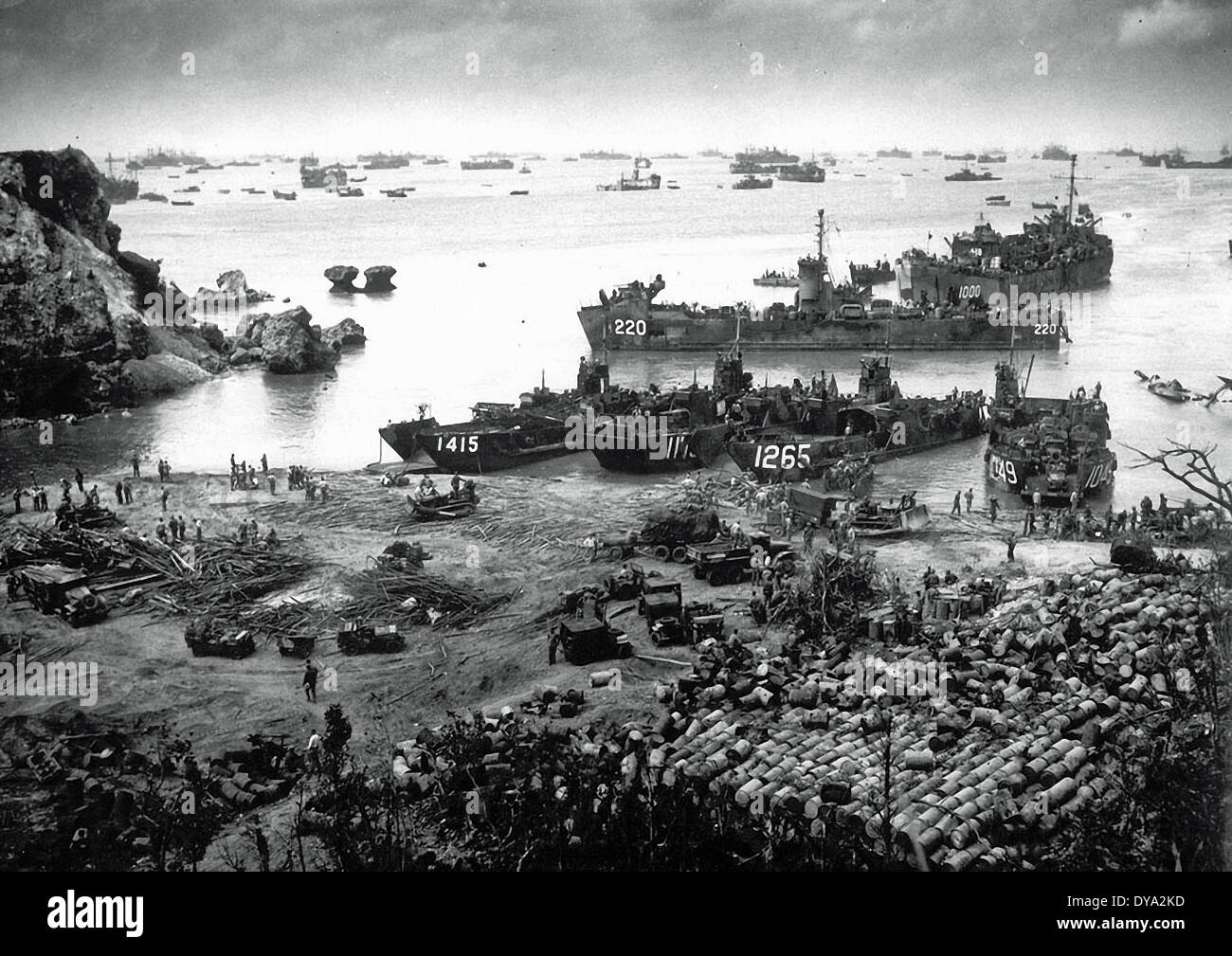 WW II historical war world war second world war Japan US invasion troops beachhead Okinawa Japanese April 1945 landing ships, Stock Photo