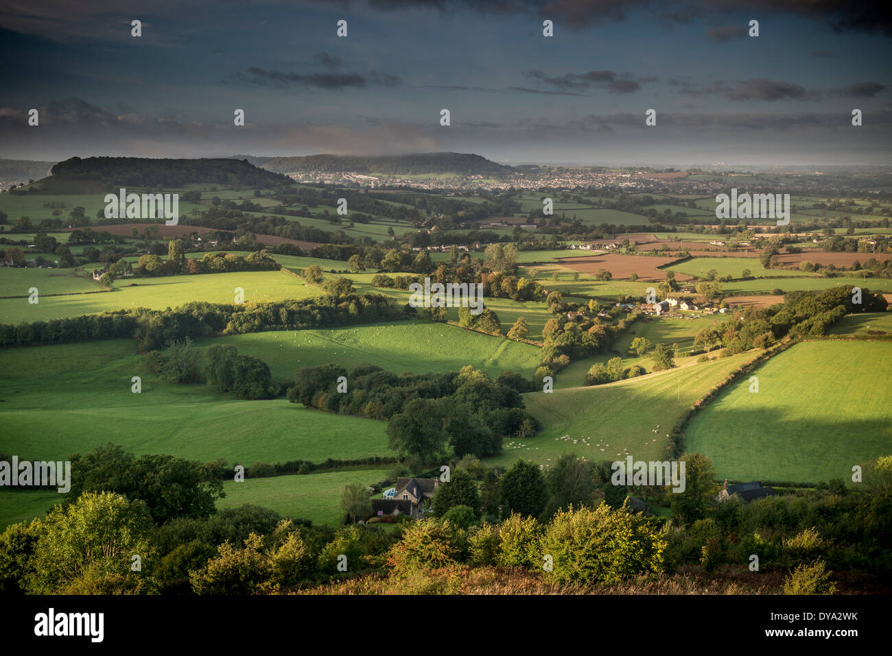 Early morning view over Coaley, Frocester and Cam from Coaley Peak viewpoint near Nympsfield, Gloucestershire, UK Stock Photo