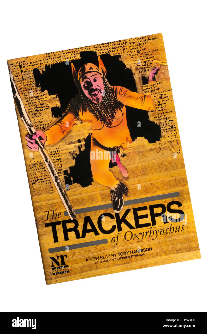 Programme for the 1990 National Theatre production of The Trackers of Oxyrhynchus by Tony Harrison at the Olivier Theatre. Stock Photo