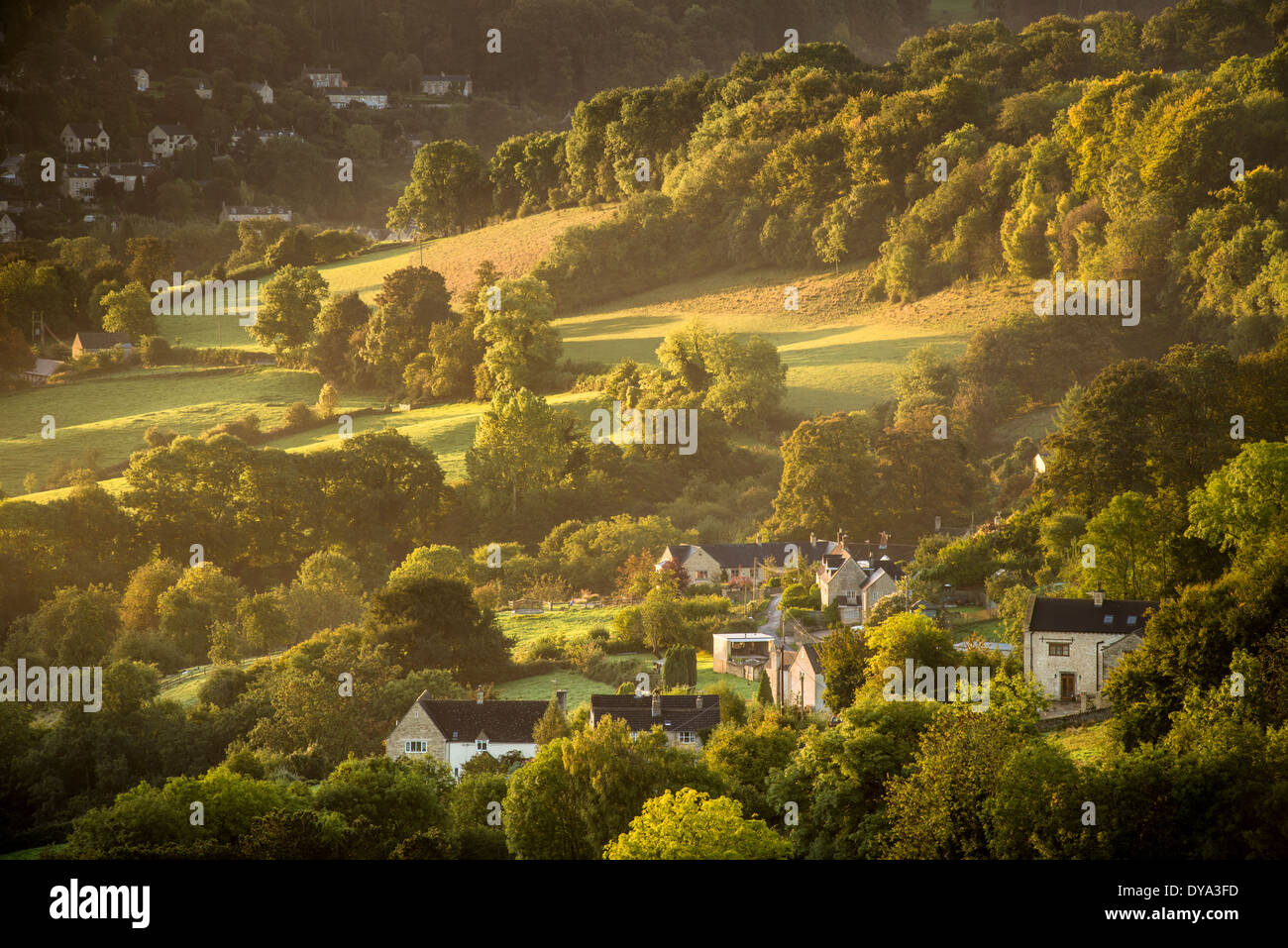 Early morning view over Golden Valley from Rodborough Common, Stroud, Gloucestershire, UK Stock Photo