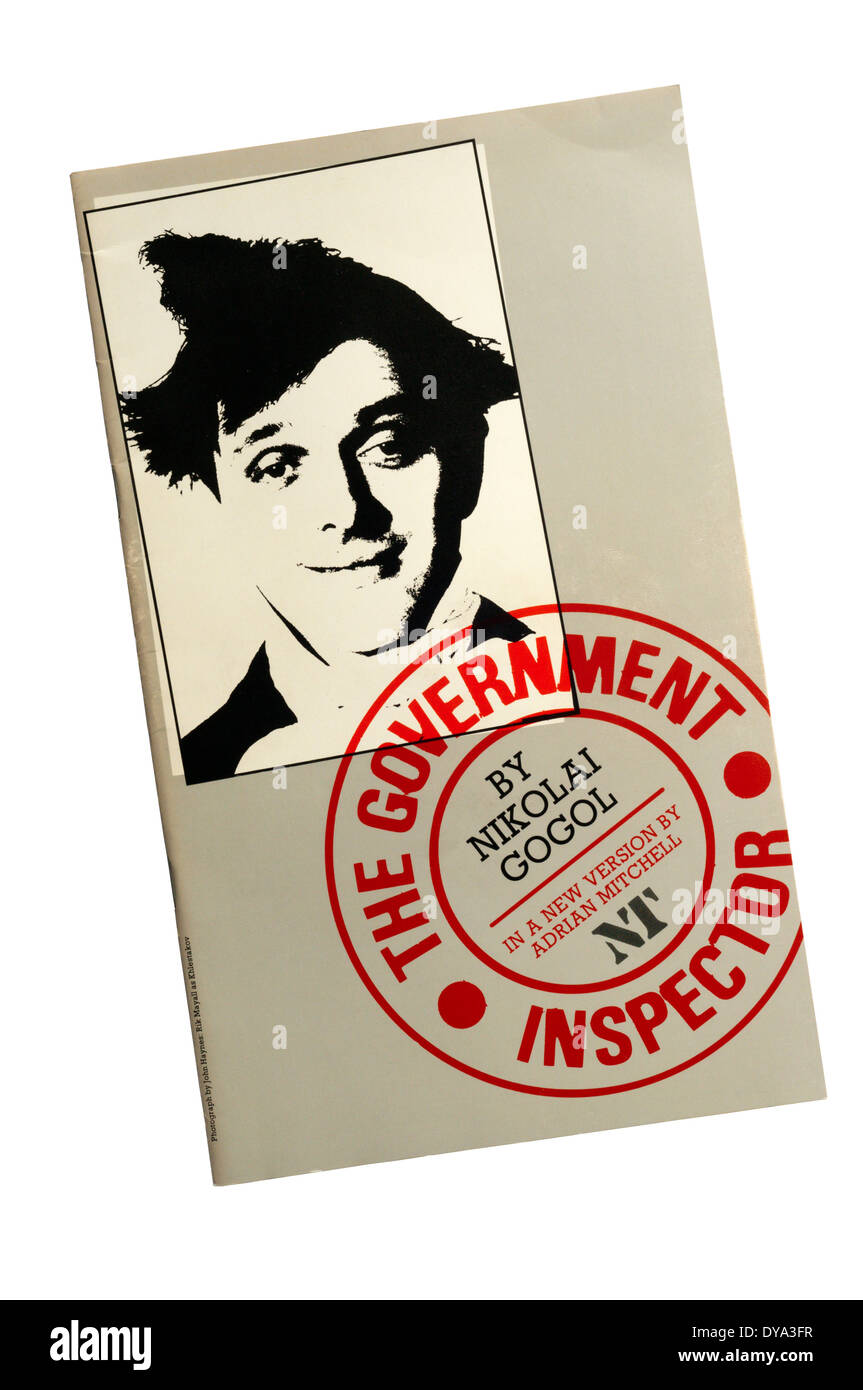 Programme for 1985 production of The Government Inspector by Nikolai Gogol. New version at Olivier Theatre starring Rik Mayall. Stock Photo