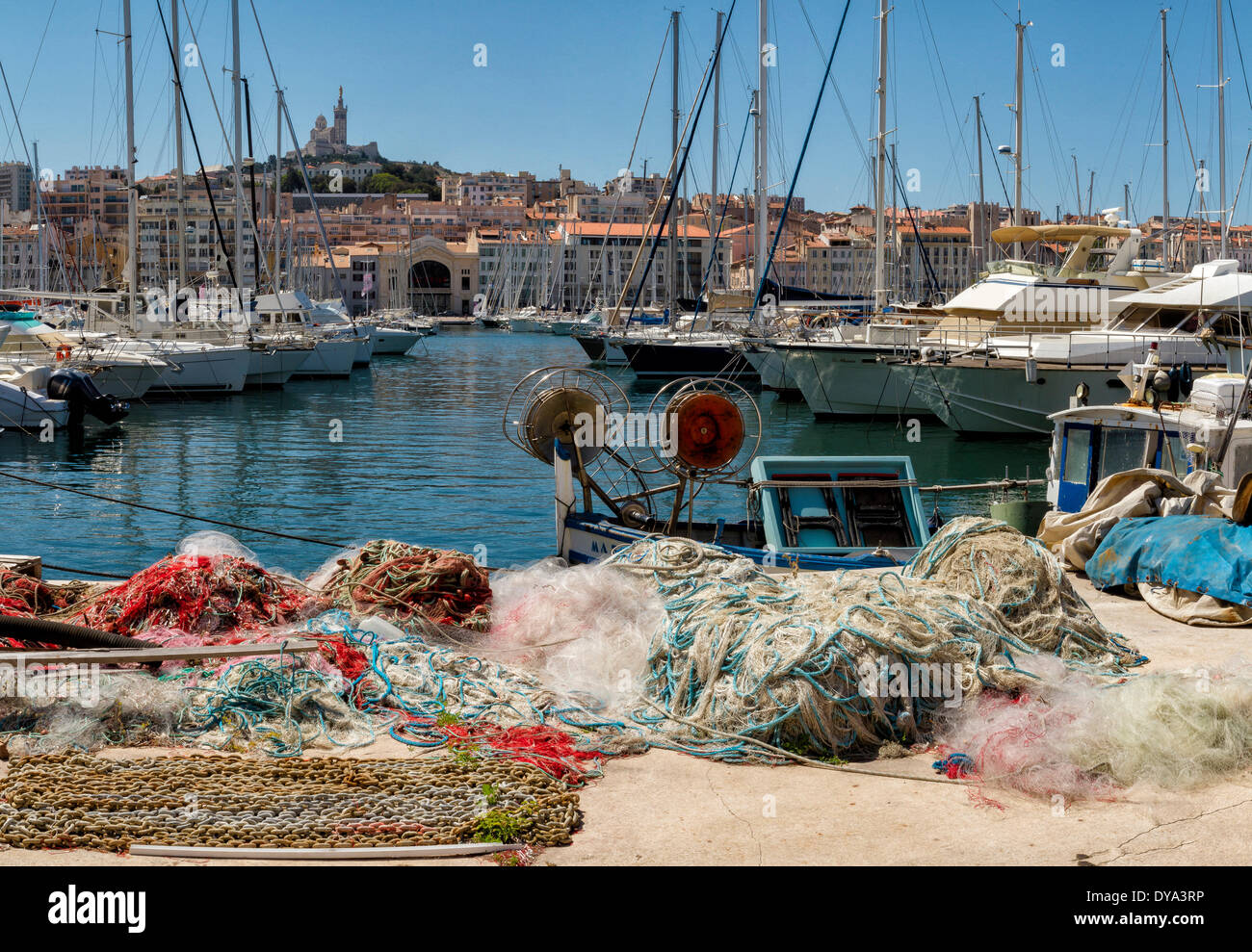 Vieux Port, harbour, town, village, water, summer, ships, boat, Marseilles, Bouches du Rhone, France, Europe, Stock Photo