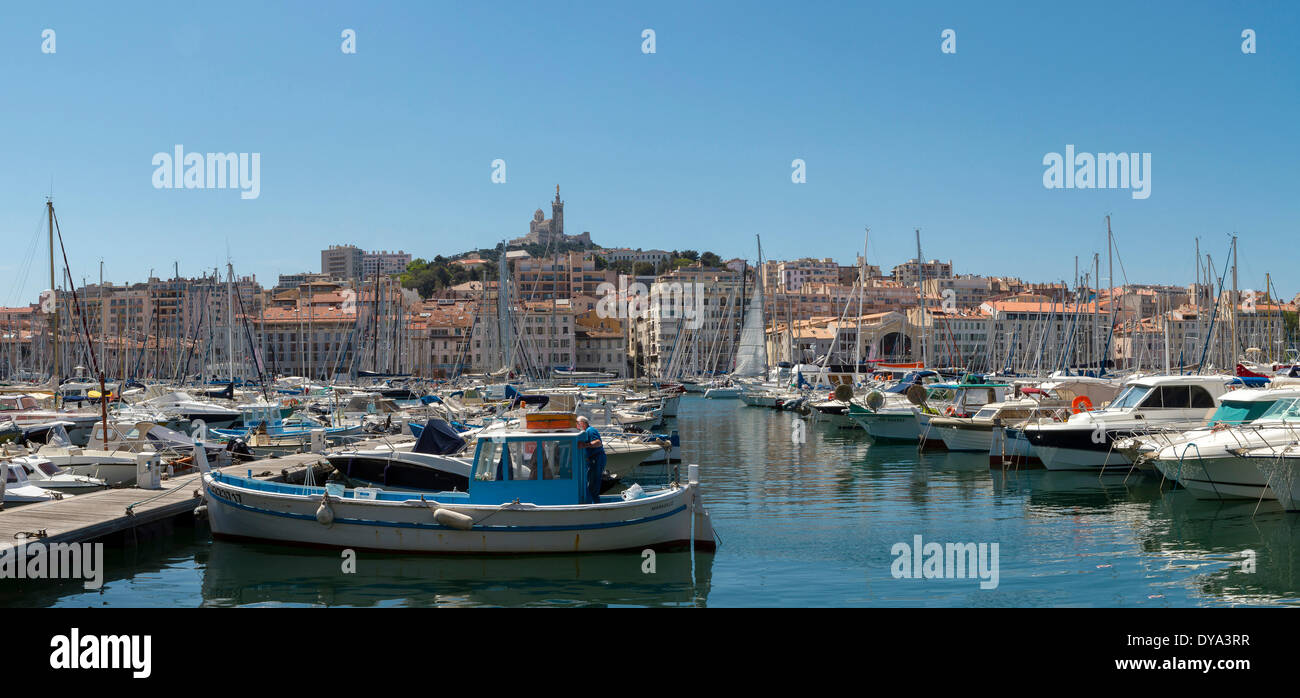 Vieux Port, harbour, town, village, water, summer, ships, boat, Marseilles, Bouches du Rhone, France, Europe, Stock Photo