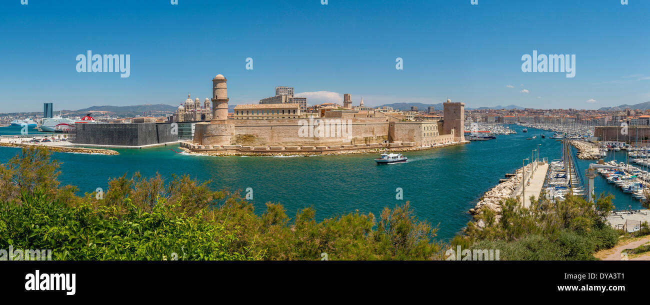 Vieux Port harbour Tour du Roi Rene Cathedrale de la Major town village water summer sea ships boat Marseilles Bouches du Rhon Stock Photo