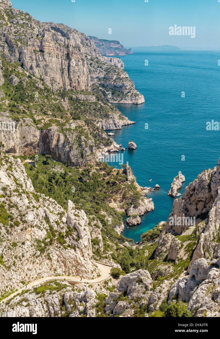 Calanque de Sugiton, calanque, rocky bay, landscape, water, summer, mountains, sea, Cassis, Bouches du Rhone, France, Europe, Stock Photo