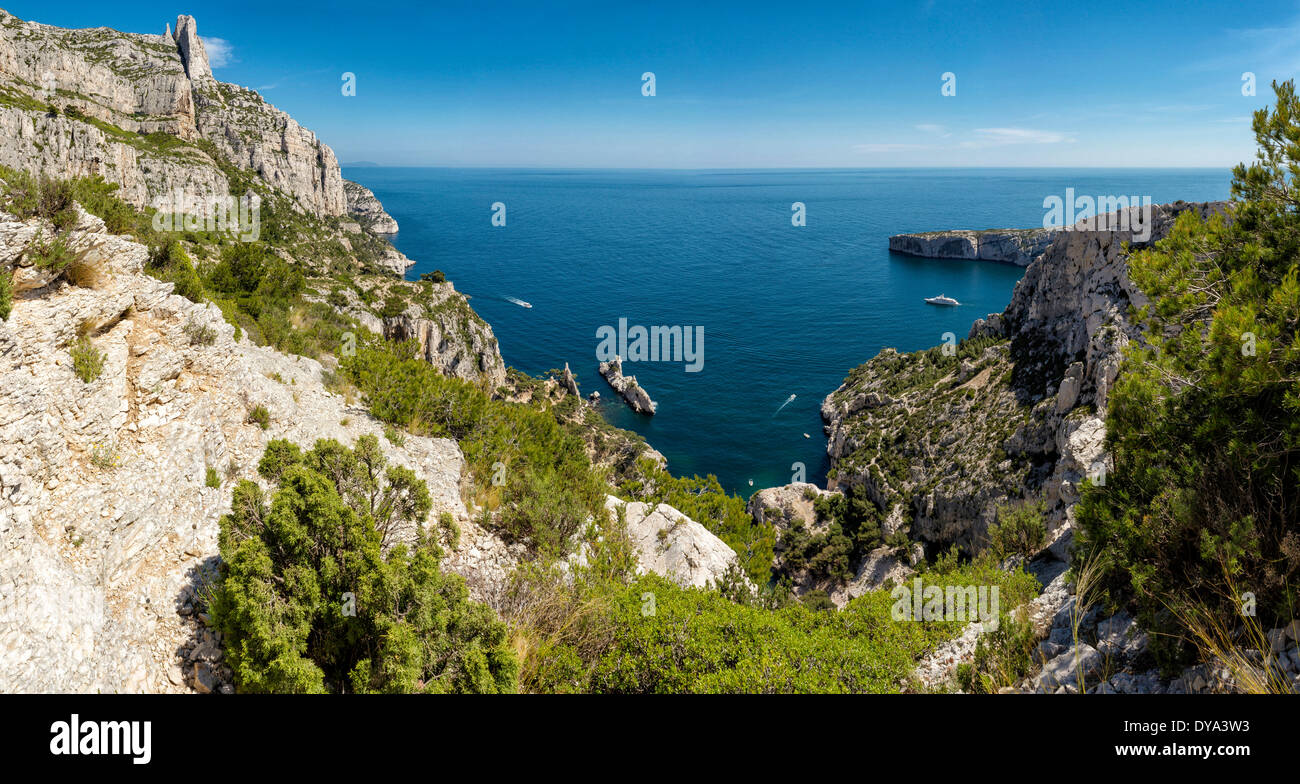 Calanque de Sugiton, calanque, rocky bay, landscape, water, summer, mountains, sea, Cassis, Bouches du Rhone, France, Europe, Stock Photo