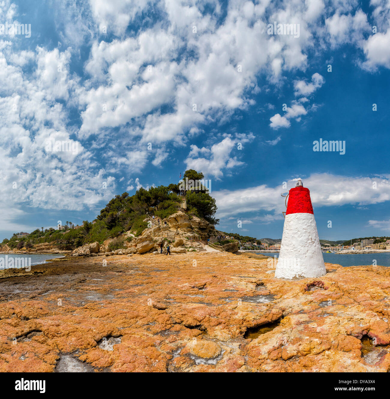 Lighthouse, landscape, water, summer, mountains, sea, people, Carry Le Rouet, Bouches du Rhone, France, Europe, Stock Photo