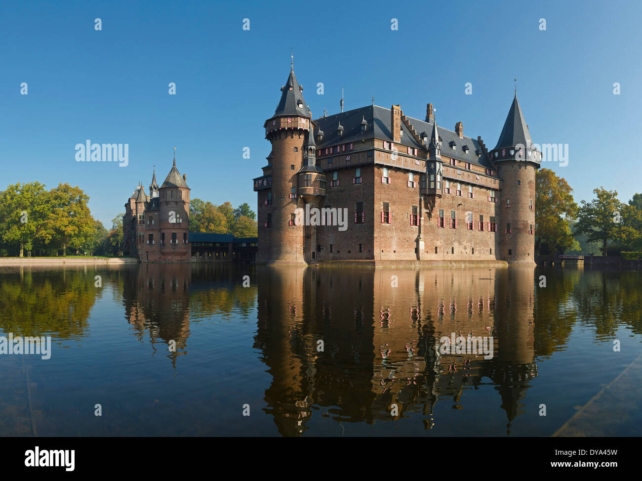 Netherlands, Holland, Europe, Haarzuilens, Utrecht, castle, water, autumn, reflections, De Haar castle, De Haar, Stock Photo
