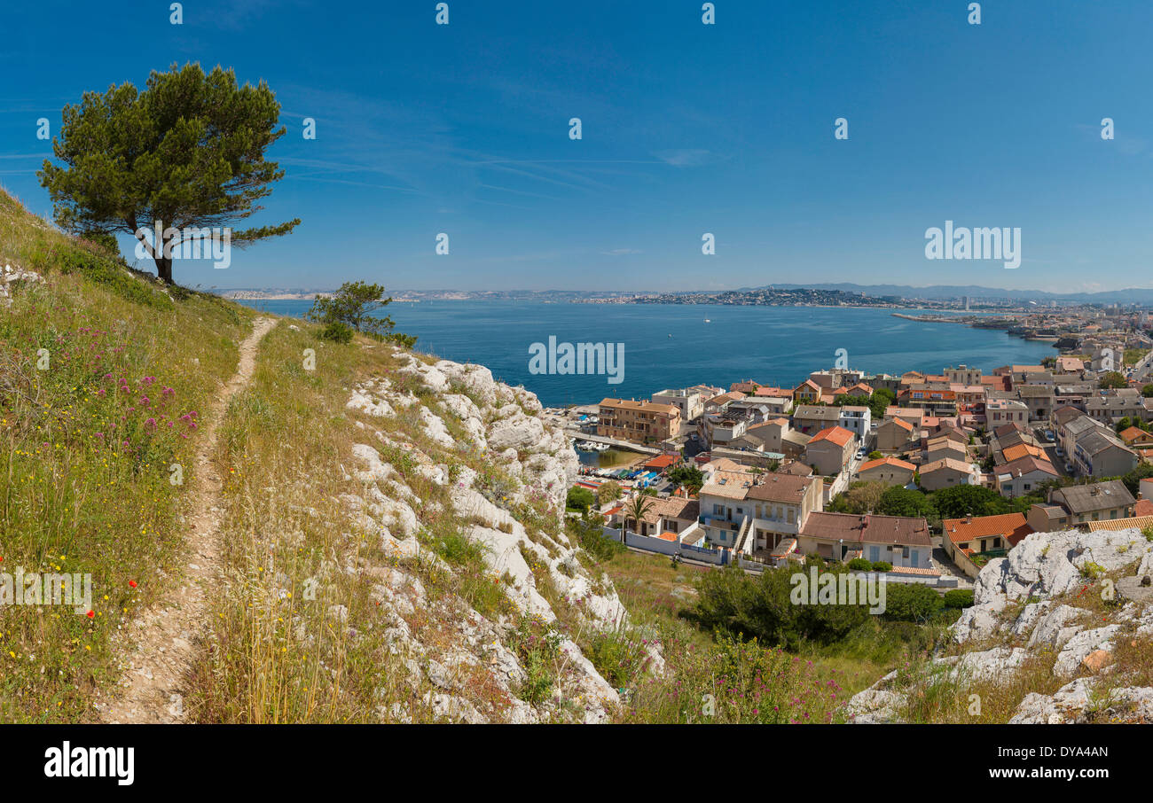View, town, village, field, meadow, trees, summer, mountains, sea, La Madrague, Marseilles, Bouches, France, Europe, Stock Photo