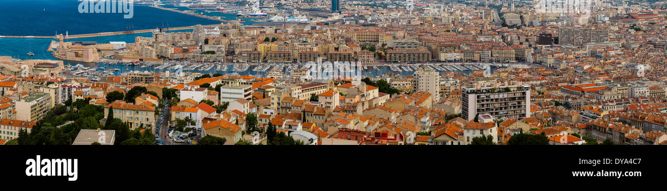 City, panorama, Vieux port, harbour, town, village, summer, Marseilles, Bouches du Rhone, France, Europe, Stock Photo