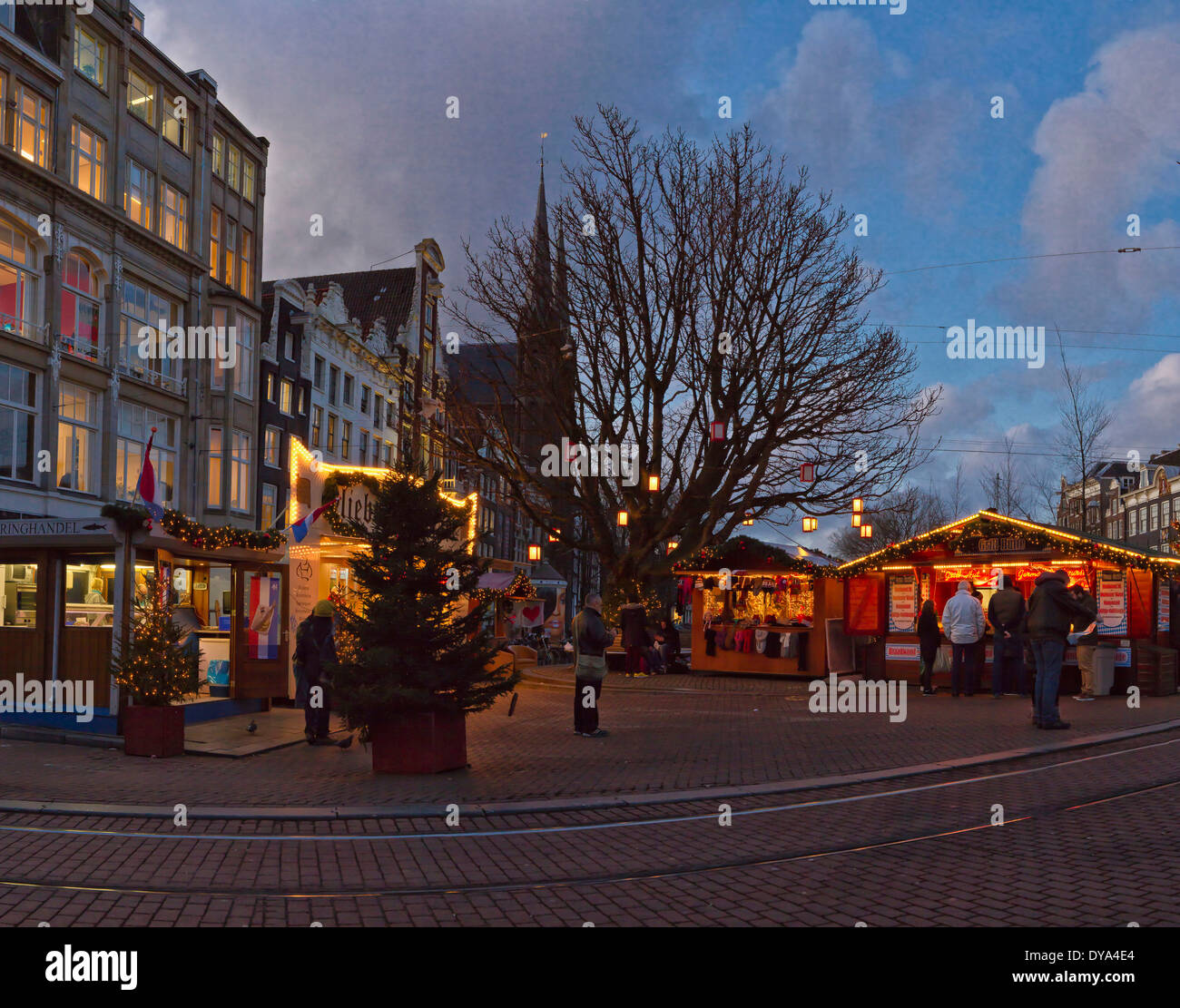 Netherlands, Holland, Europe, Amsterdam, North Holland, city, village, winter, people, evening, Christmas, Koningsplein, evening Stock Photo