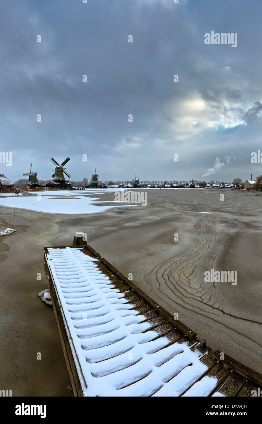 Netherlands, Holland, Europe, Zaandam, North Holland, windmill, water, winter, snow, ice, Open-air, museum, Zaanse Schans Stock Photo