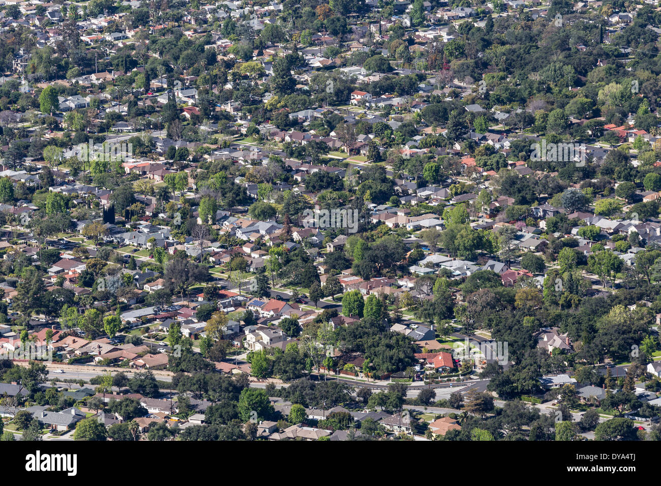 Suburban homes and streets in Altadena and Pasadena in Los Angeles