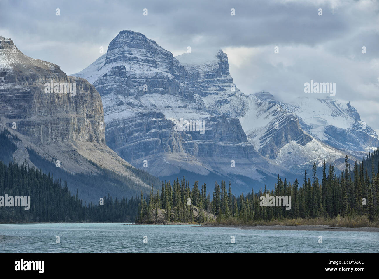 North America, Canada, Alberta, Rockies, Canadian Rockies, Rocky Mountains, Maligne, lake, scenery, UNESCO, World Heritage Stock Photo