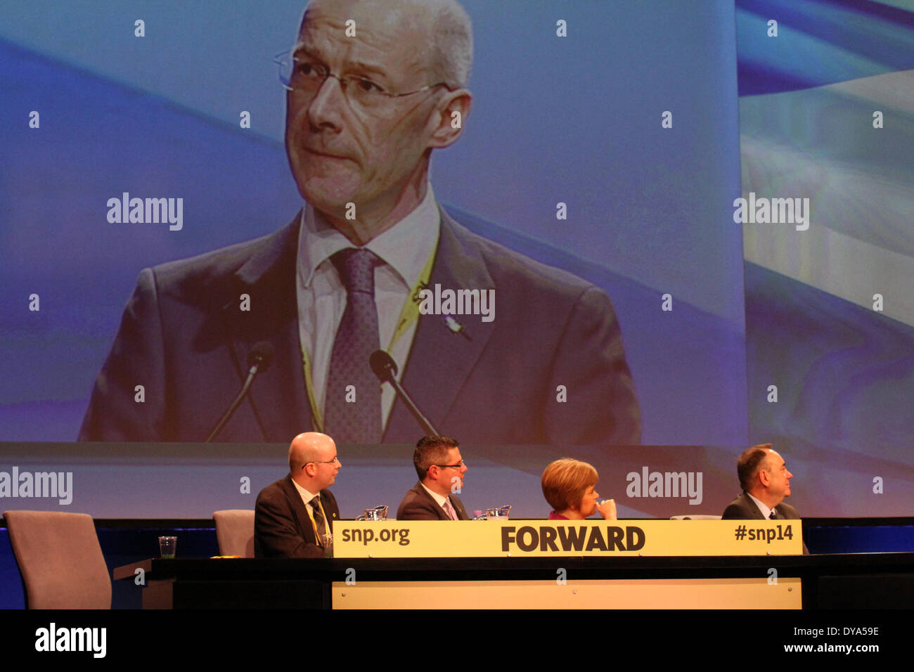 Mr John Swinney speaking at the SNP Spring Conference at the Exhibition and Conference Centre (AECC) 2014. This is the last formal assembly before the referendum on September 18th campaigning for a Yes vote for Scotland’s independence.  The conference, marking the 80th Anniversary of the formation of the party,  follows the publication of ‘Scotland’s Future, a detailed blueprint for an Scottish National Party Government to deliver using the new powers. Stock Photo