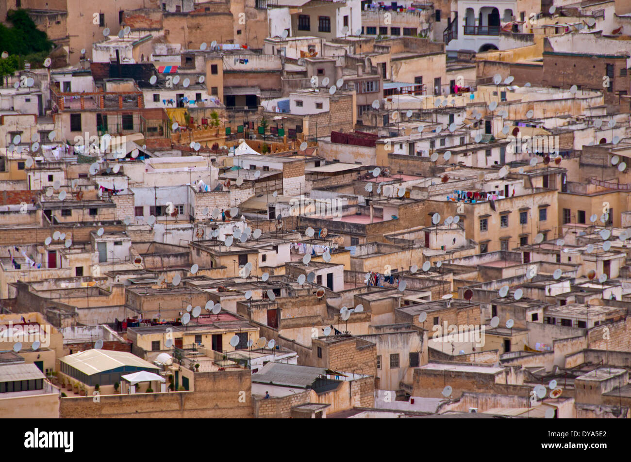 Africa, North Africa, Old Town, fez, houses, homes, Morocco, Medina, satellite dishes, dish aerial, roofs, Stock Photo