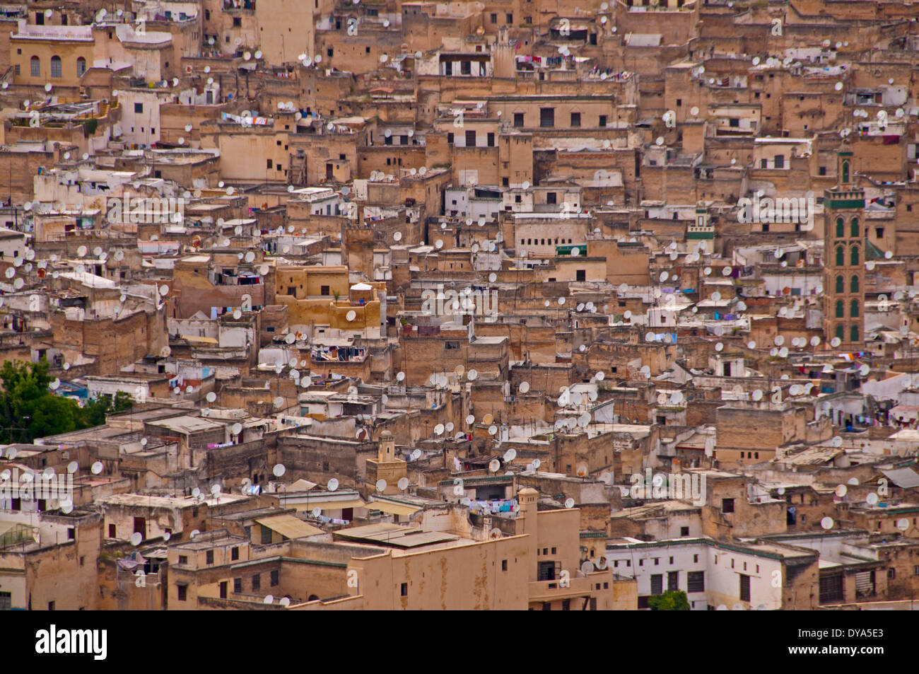 Africa, North Africa, Old Town, fez, houses, homes, Morocco, Medina, satellite dishes, dish aerial, roofs, Stock Photo