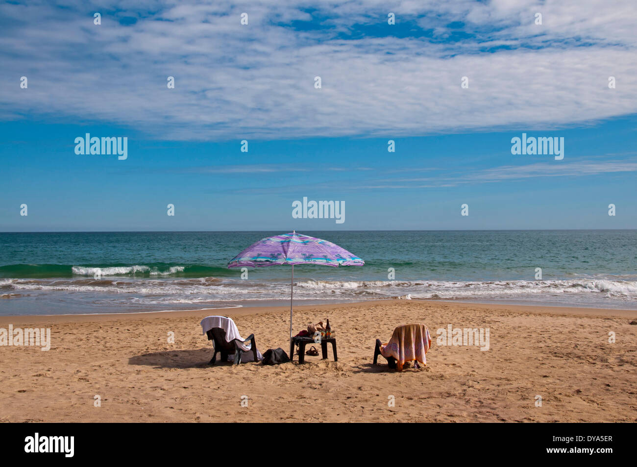 Asia, Sri Lanka, sunshade, beach, seashore, chairs, sand, sea Stock Photo