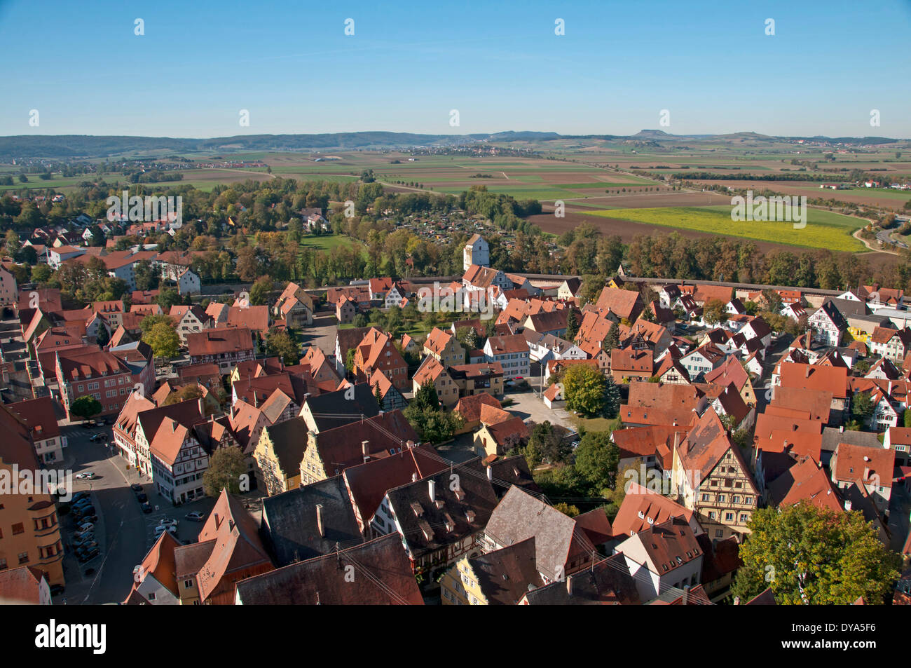 Bavaria, Bavarian, look, glance, roofs, Daniel, Germany, town, city, Europe, Georg, Nördlingen, Ries, Swabian, tower, Stock Photo