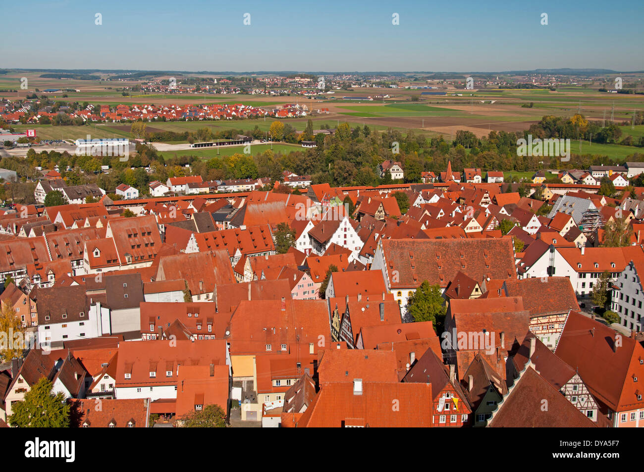 Bavaria, Bavarian, look, glance, roofs, Daniel, Germany, town, city, Europe, Georg, Nördlingen, Ries, Swabian, tower, Stock Photo