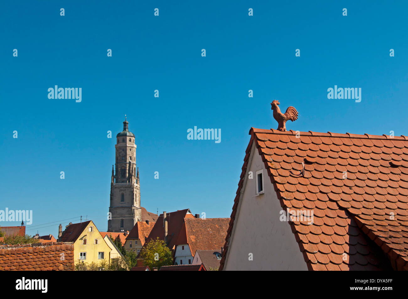 Bavaria, Bavarian, gable, Daniel, Germany, Danube, Europe, Georg, Nördlingen, parish church, Ries, Swabian, tower, weathercock Stock Photo