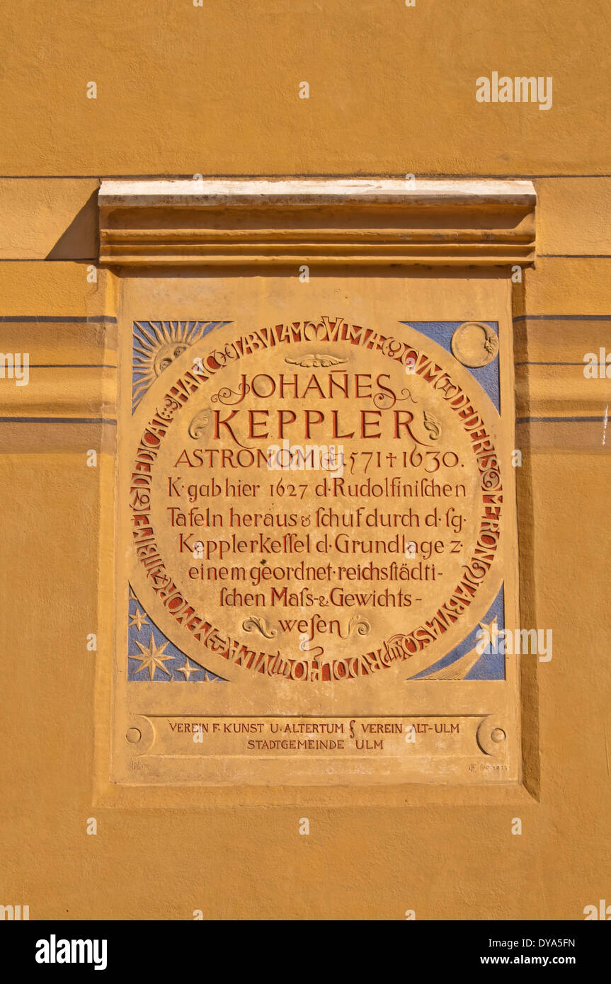 Astronomers Germany Europe sky inscription Johannes Kepler comets mathematicians moon city hall sun stars board text Ulm f Stock Photo
