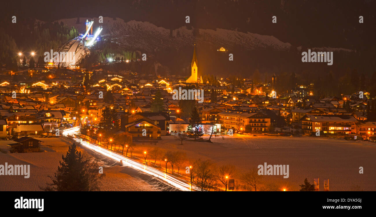 Allgäu, Alps, Bavaria, Germany, Europe, Oberstdorf, panorama, shadow mountain ski jump, at night, ski jump Stock Photo