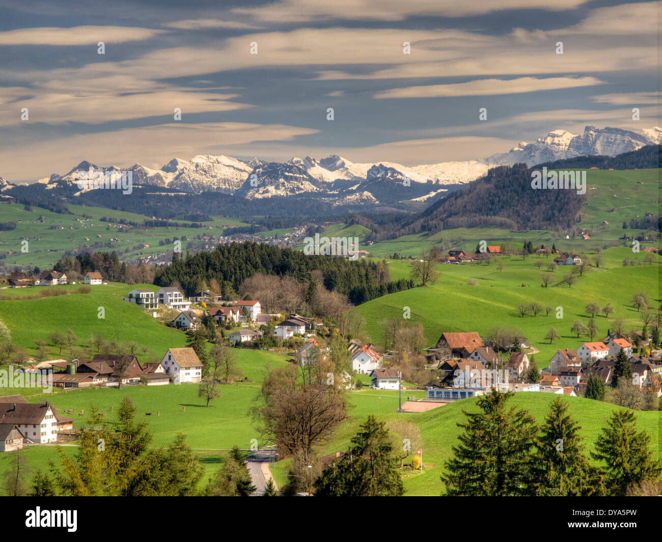 Switzerland, Europe, canton Zurich, Alps, village, fohn, spring Stock