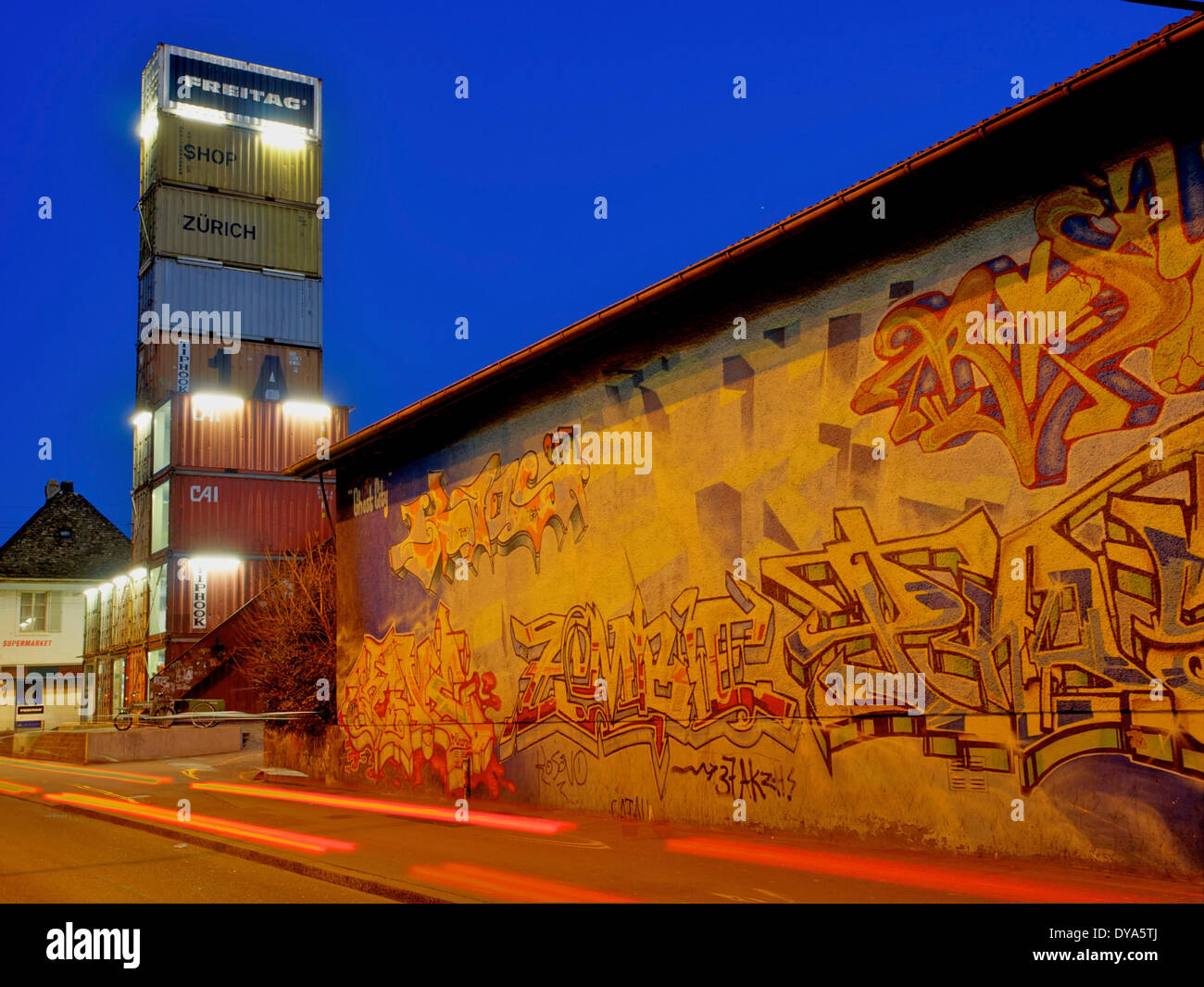 Switzerland, Europe, canton Zurich, evening, pocket manufacturer, container, Friday, graffiti, shop, wall Stock Photo
