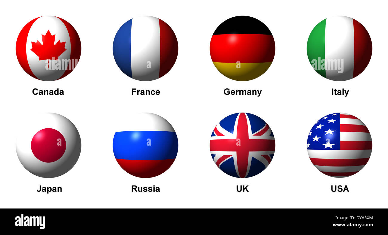 Collage of flags of the G8 countries with english labels Stock Photo