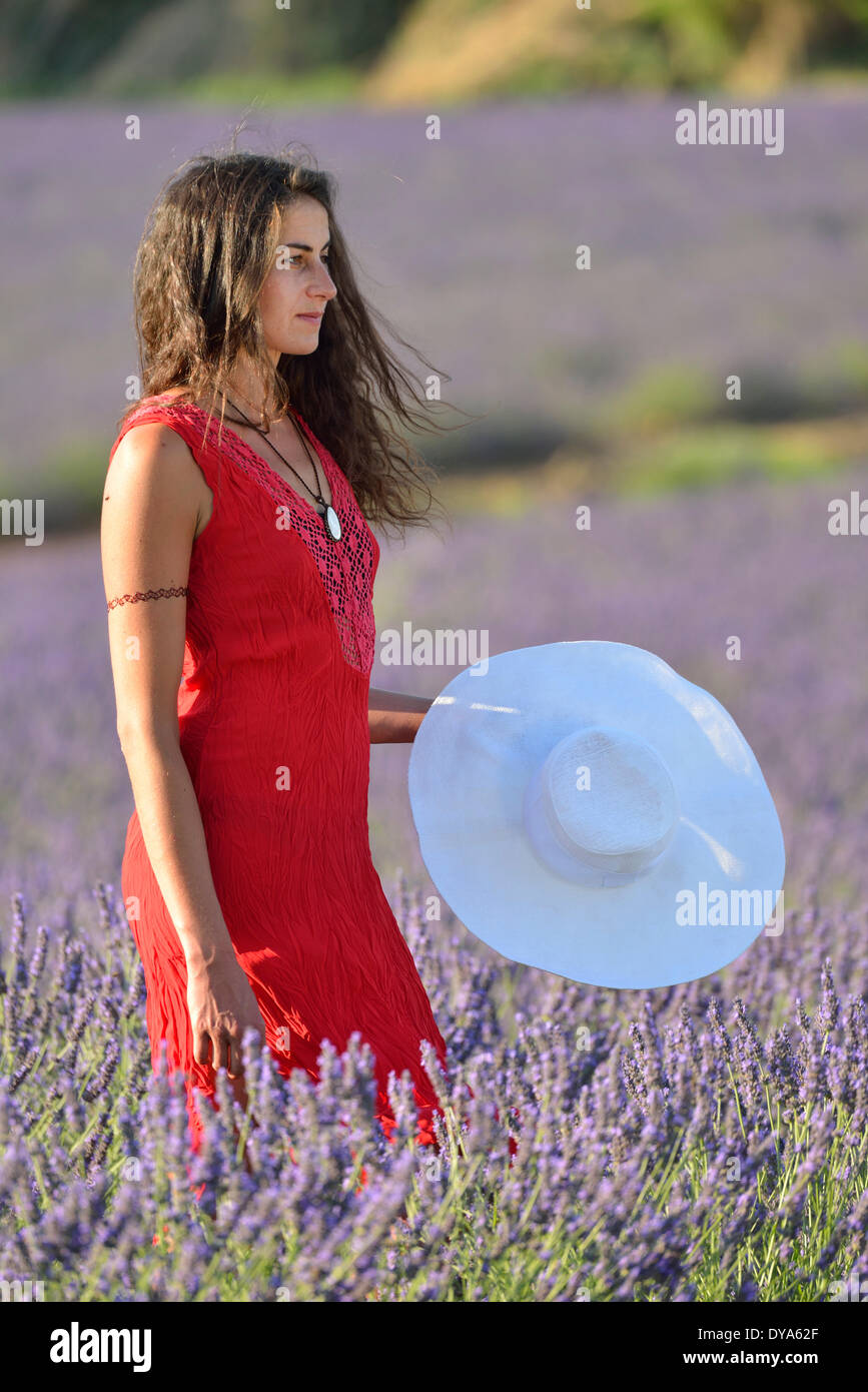 Europe, france, Vaucluse, Provence, woman, portrait, local, young, brunette, french, red dress, released, one, thirty, twenty, Stock Photo