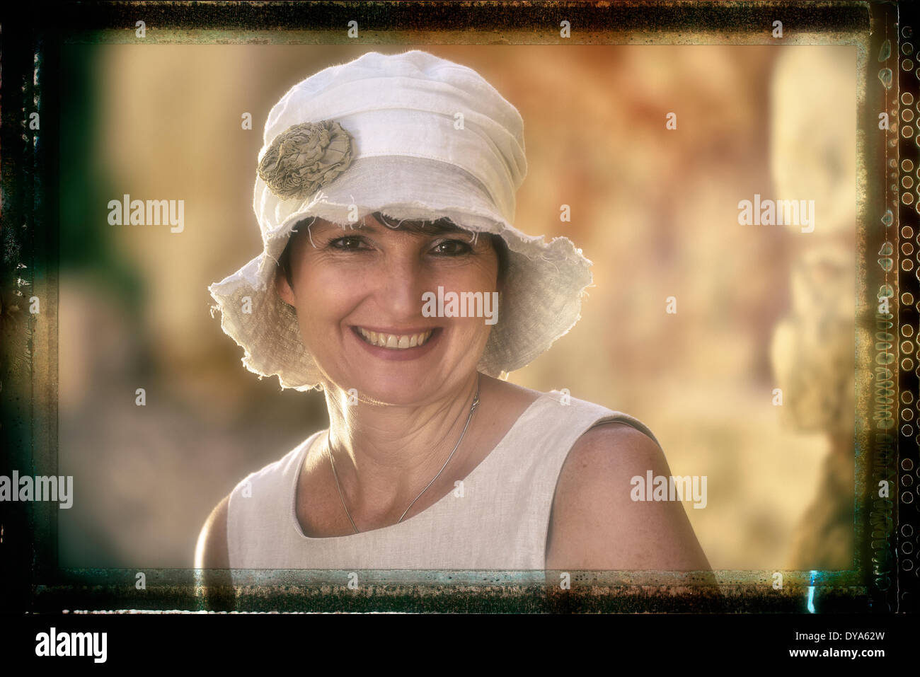 France, woman, portrait, smile, french, released, vintage, hat, nostalgic, old Stock Photo