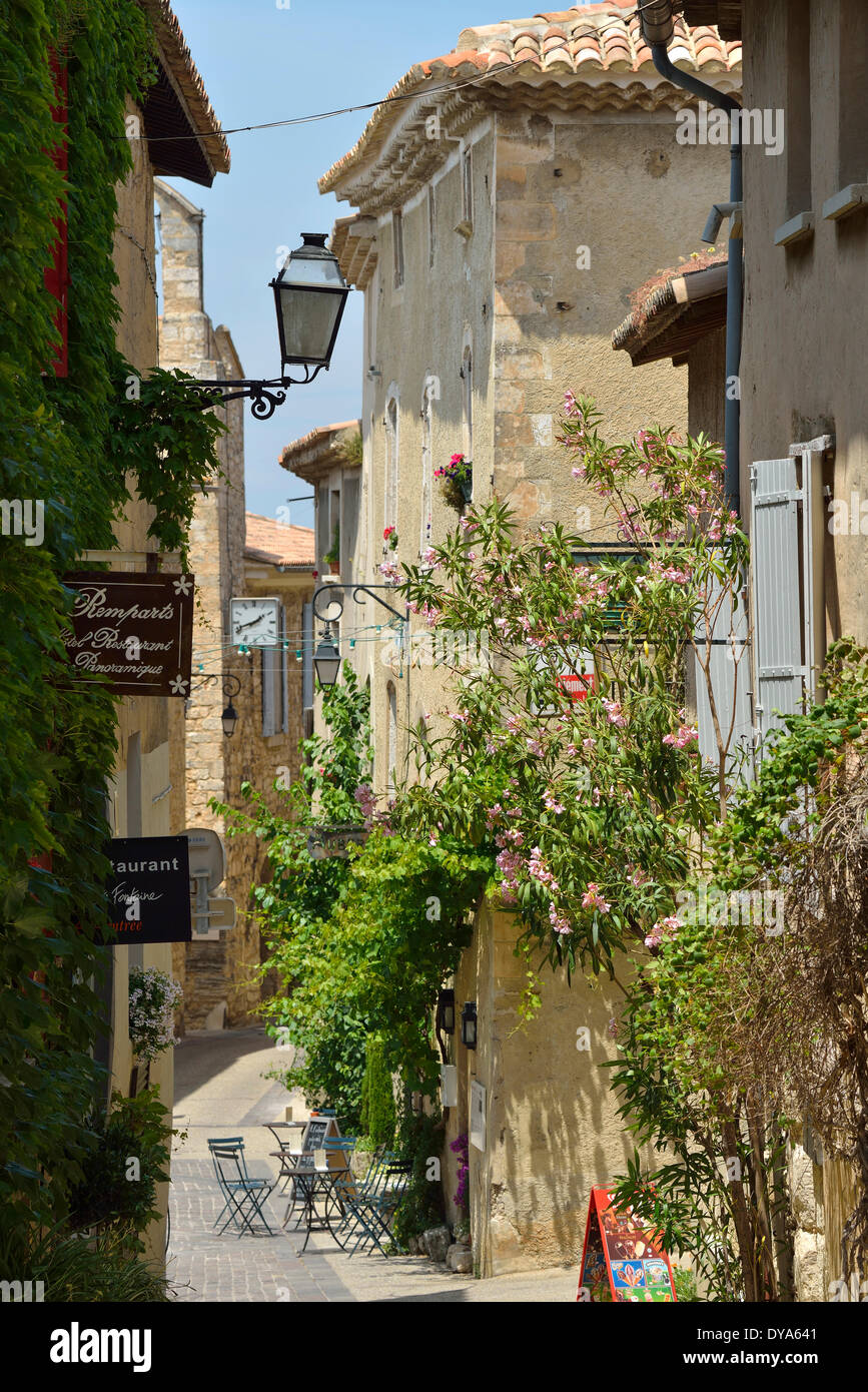 Europe, France, Provence, Vaucluse, Venasque, street, village, stone, buildings, street, town, cafe, bistro Stock Photo
