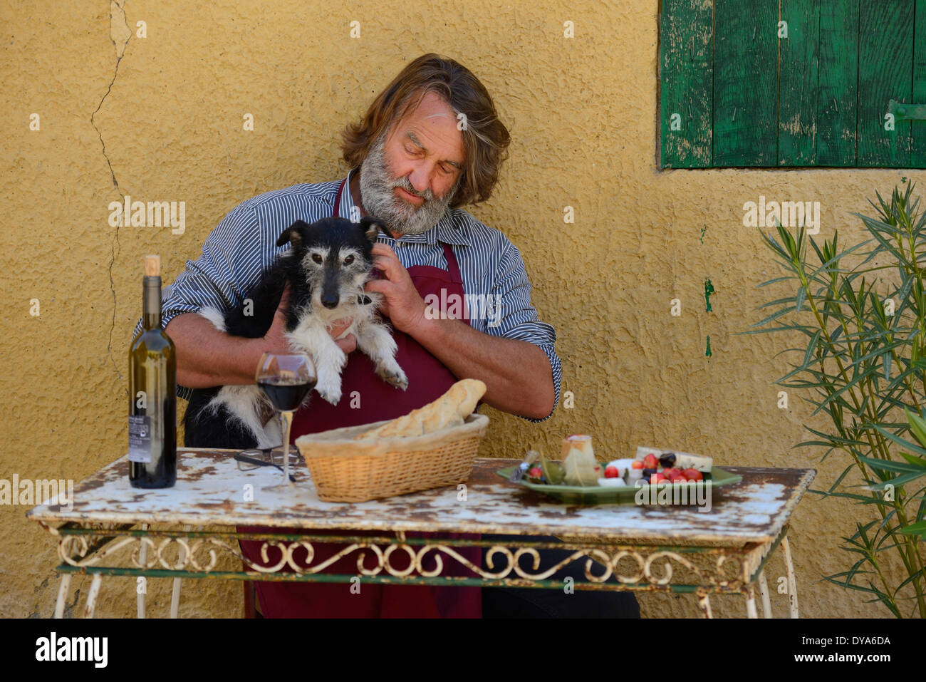 Europe, France, Provence, man, sit, french, table, wine, St. Saturnin les Apt, dog, food, table, fifty Stock Photo