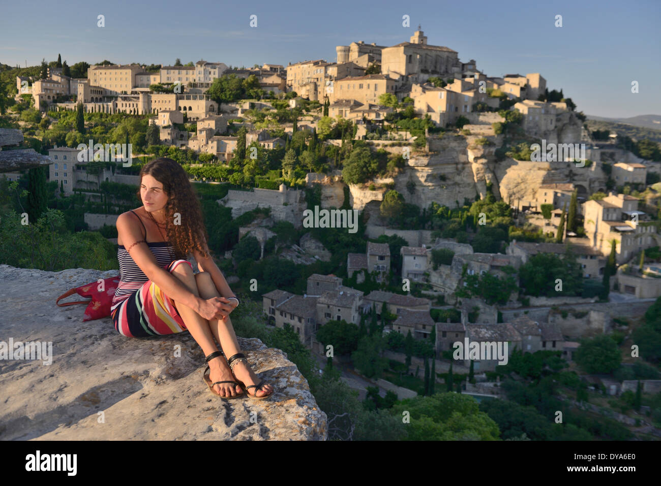 Europe, France, Provence, Vaucluse, Gordes, town, sit, cliff, girl, french, woman, young, sit relax, tourism, Stock Photo