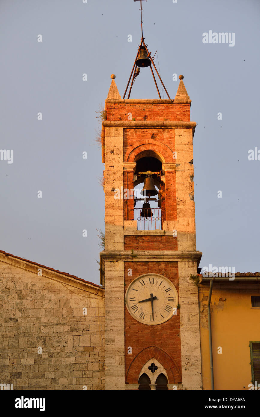 Europe mediterranean italian Italy Tuscany Siena Province sunset sun down last light golden hour clock clocktower tower bell, Stock Photo