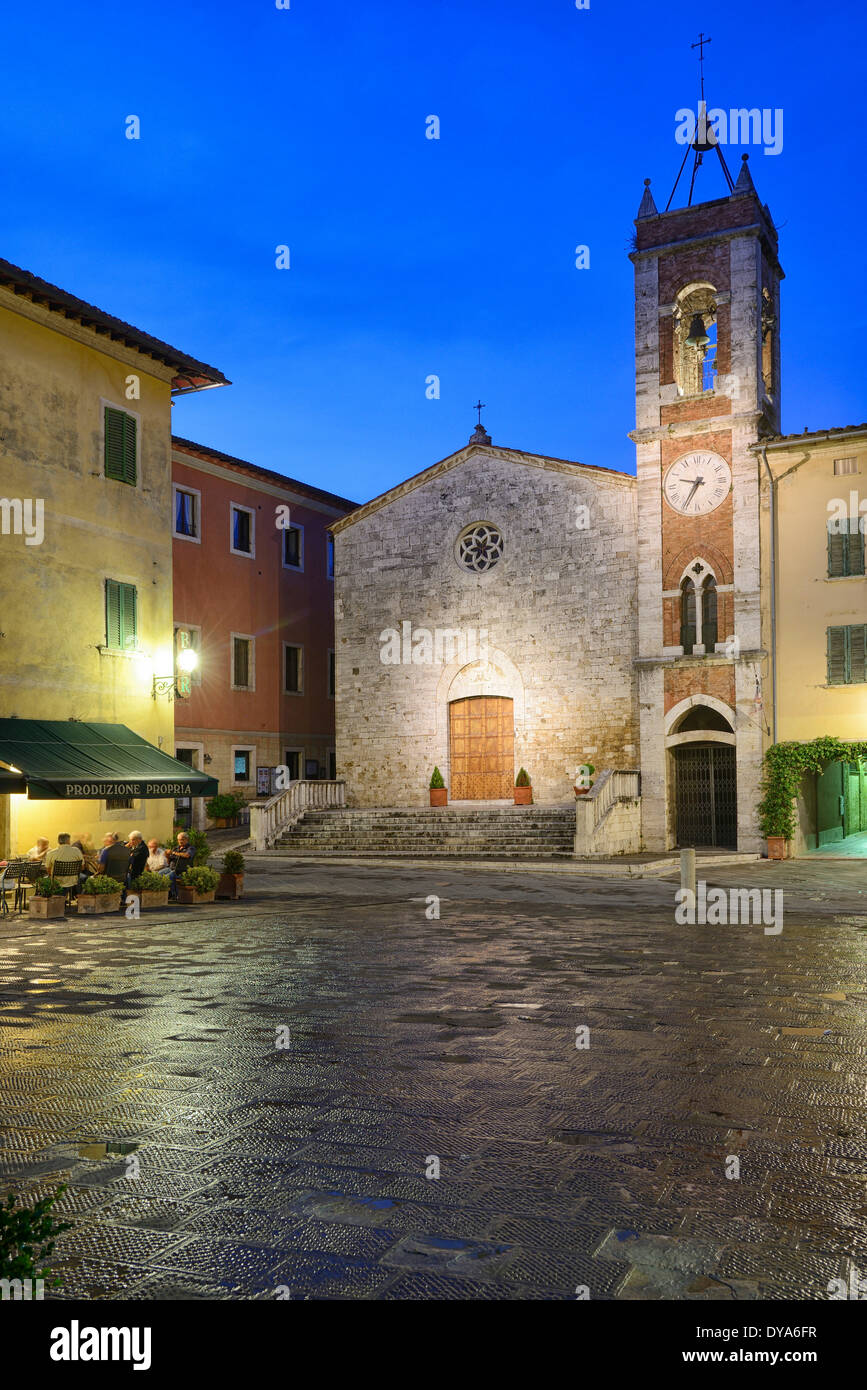 Europe mediterranean italian Italy Tuscany Siena Province San Quirico D'Orcia street night city vertical architecture square, Stock Photo