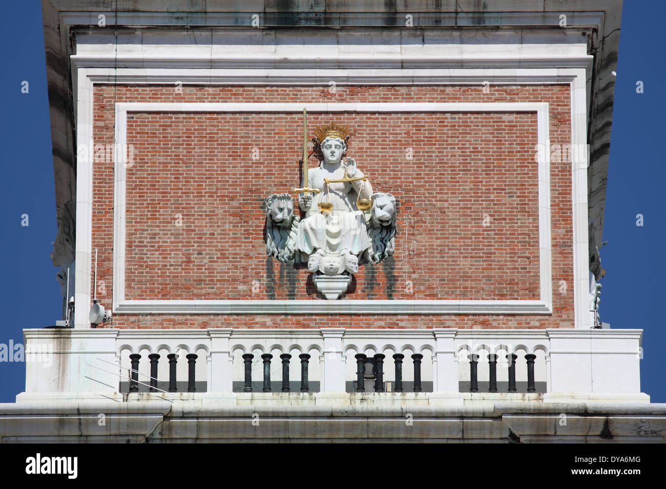 Statue of Justice Goddess in the Bell Tower of Venice, Italy Stock Photo