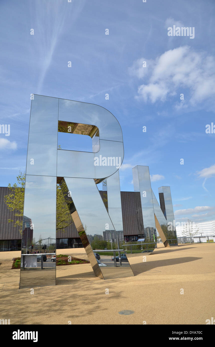 Mirrored letters spelling out RUN at the Copper Box arena in the Queen Elizabeth Olympic Park, Stratford, London. Stock Photo
