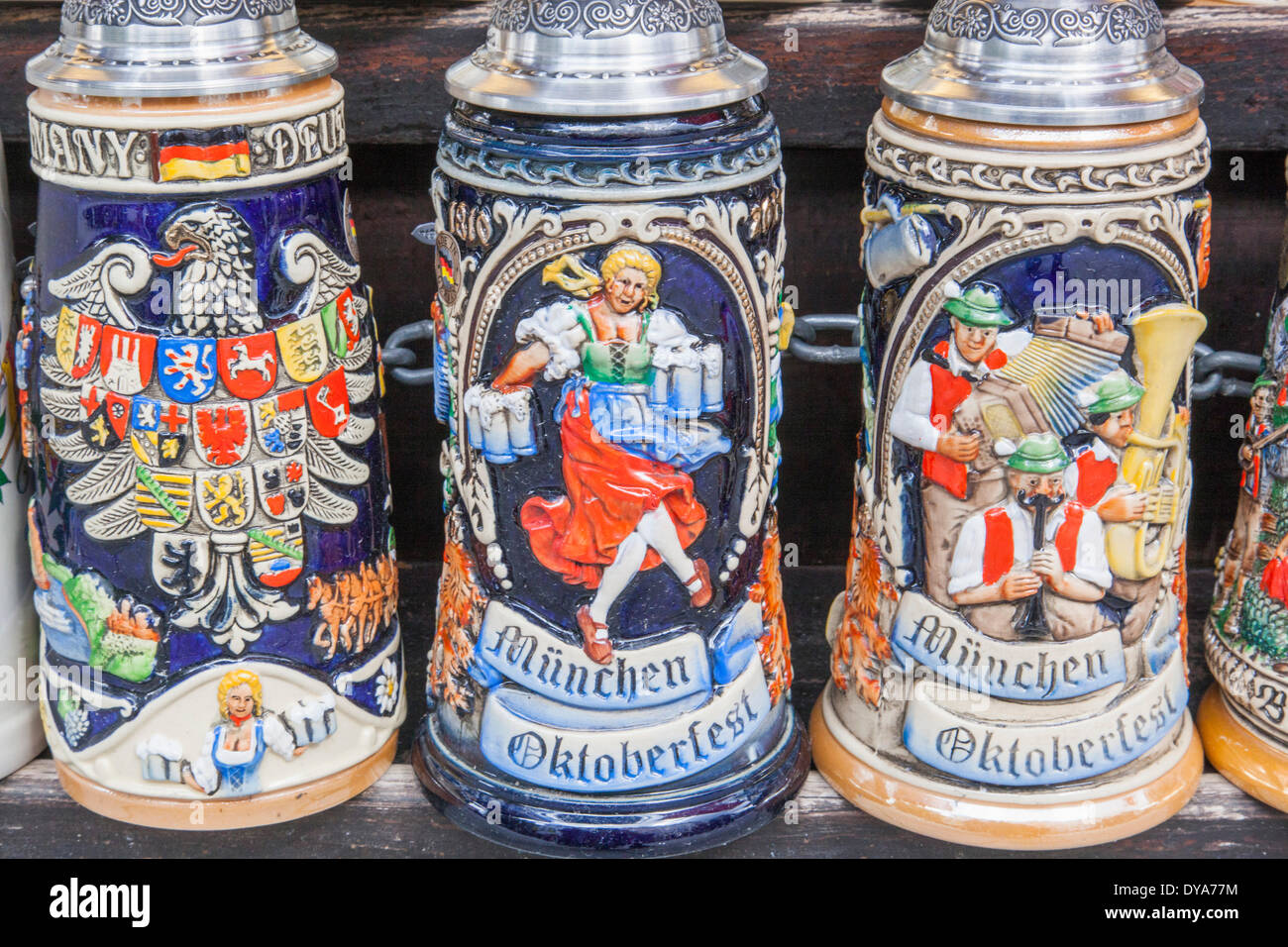 Germany, Bavaria, Munich, Souvenir Shop Window Display of Beer Steins