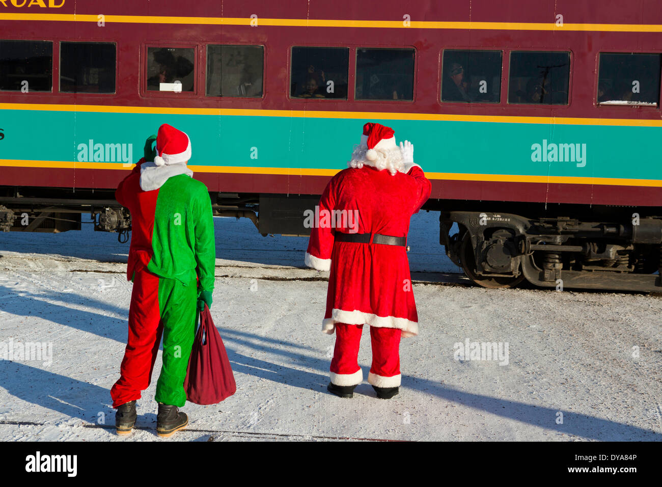 Santa, train, railroad, Polar Express, Hood River, Hood River Valley, winter, snow, OR, Oregon, USA, America, United States, Stock Photo