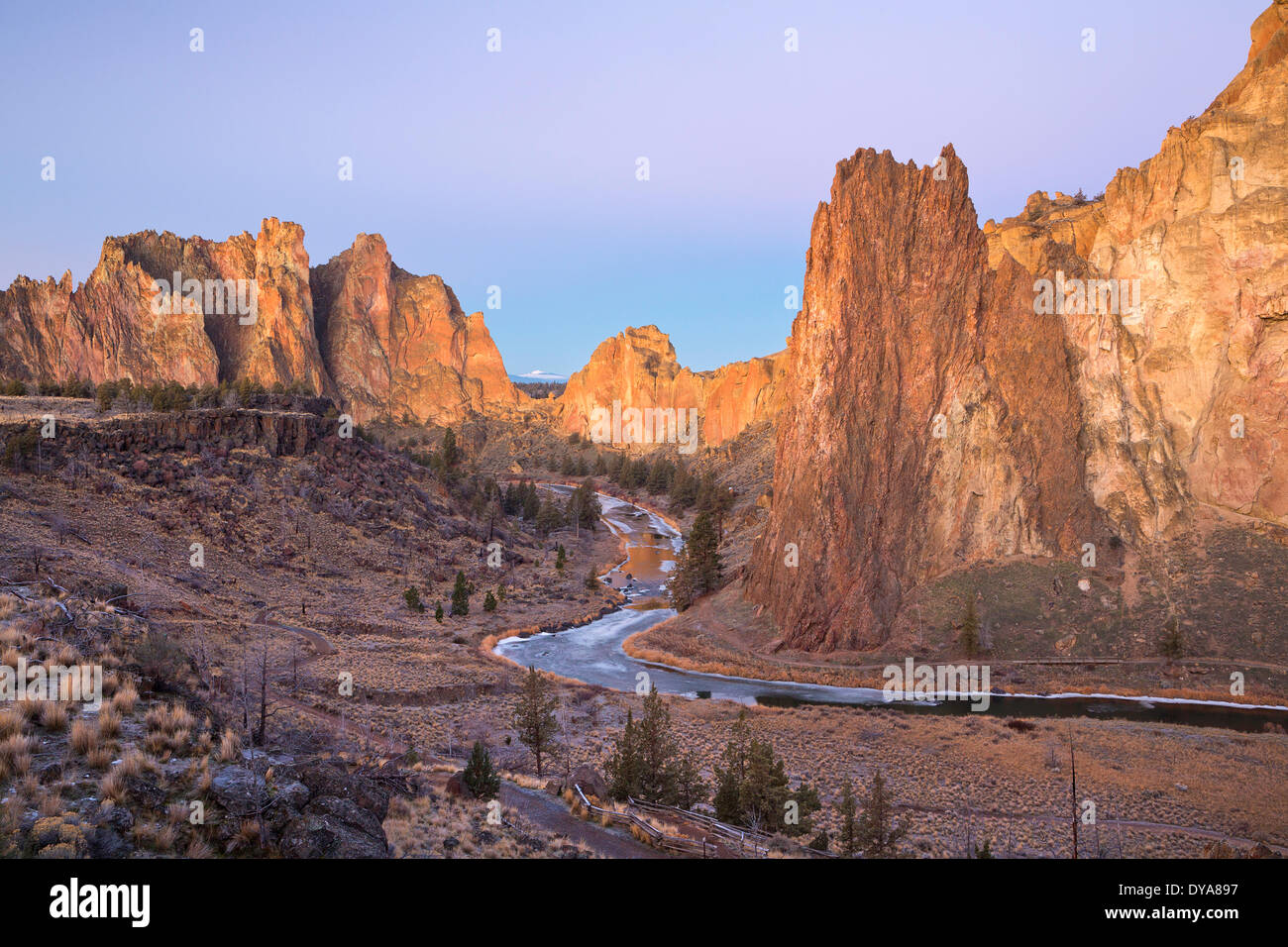 Smith Rocks State Park winter Oregon OR USA America United States Crooked River water river canyon tuff spire spires desert Stock Photo
