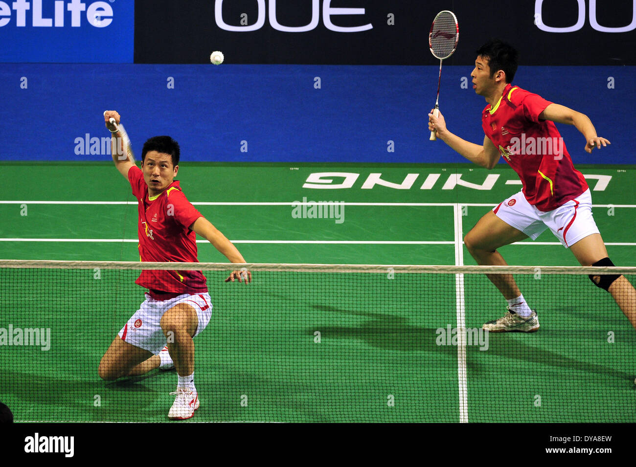 Singapore. 11th Apr, 2014. Cai Yun (L) and Lu Kai of China compete ...