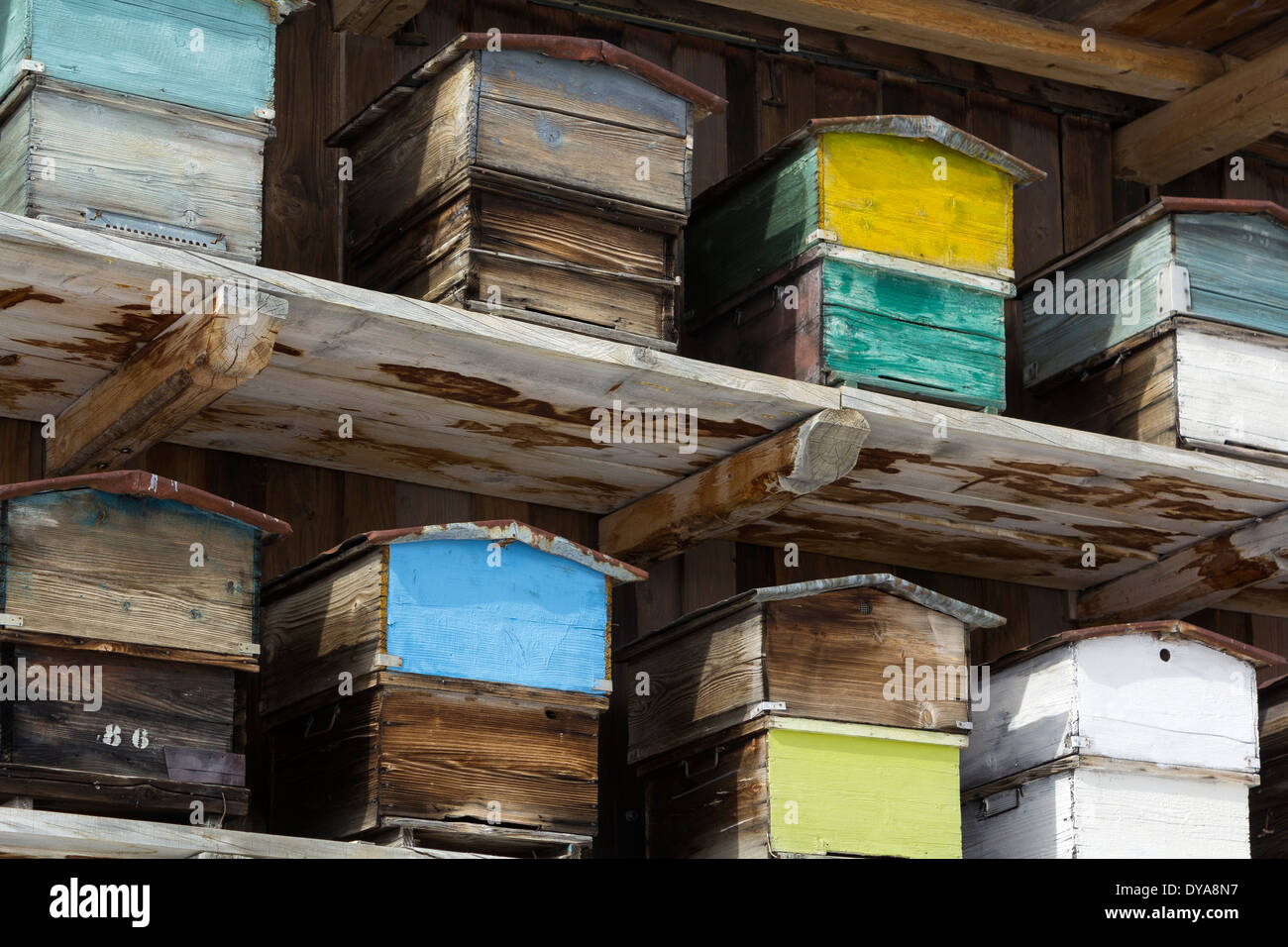 Rustic wooden beehives Stock Photo