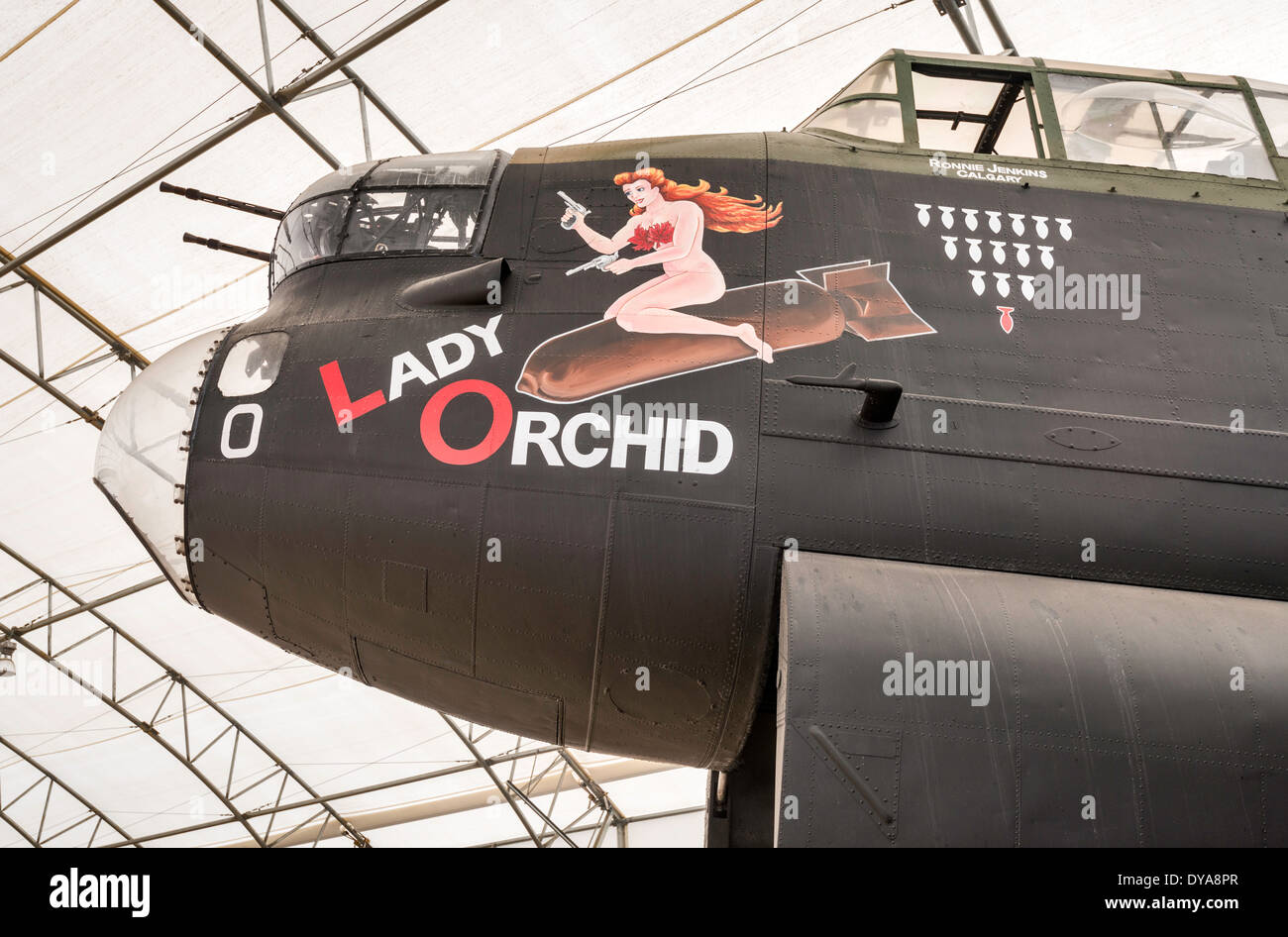 Nose art at Avro Lancaster Mk X WWII bomber aircraft, Tent Hangar at Aero Space Museum of Calgary, Calgary, Alberta, Canada Stock Photo