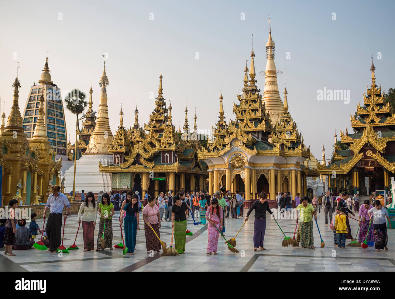Myanmar Burma Asia Shwedagon Yangon Rangoon architecture brums Buddha Buddhism clean cleaning colourful pagoda golden peace Stock Photo