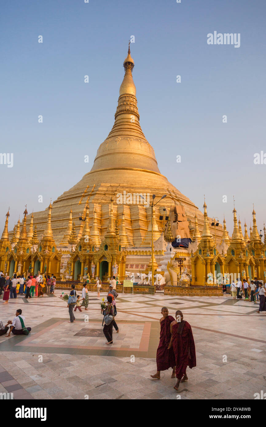 Myanmar Burma Asia Shwedagon Yangon Rangoon architecture Buddha Buddhism clean colourful pagoda golden peaceful praying rel Stock Photo