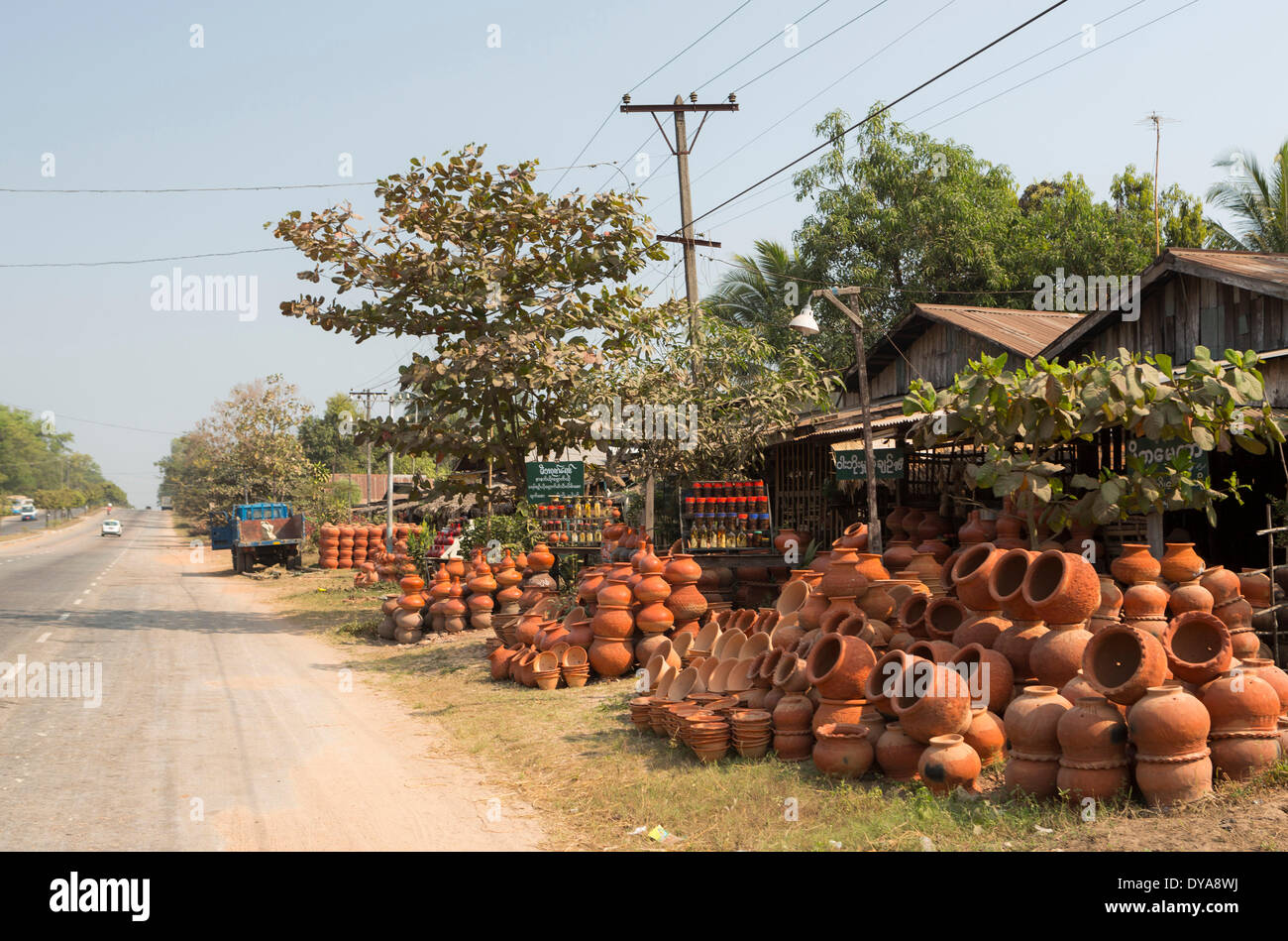 Myanmar, Burma, Asia, Pegu, colourful, pottery, road, road side, shop, tourism, touristic, tradition, travel Stock Photo