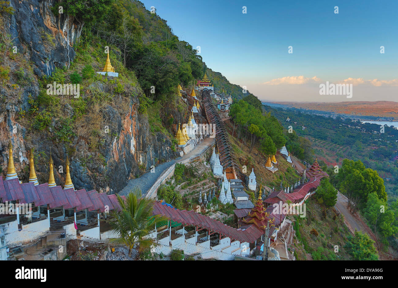 Caves, Myanmar, Burma, Asia, Pindaya, Shan, entrance, hill, landscape, panorama, roof, stairs, stupas, sunset, touristic, travel Stock Photo