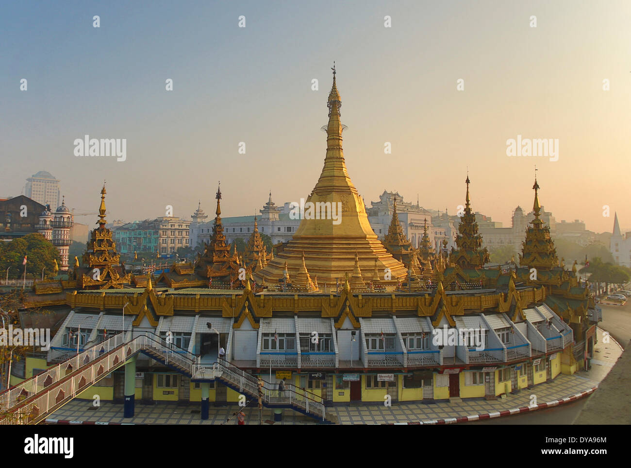 Myanmar Burma Asia Yangon Rangoon Sule architecture city colourful downtown pagoda golden religion skyline tourism touristi Stock Photo